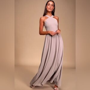 Lulus Maxi Air of Romance Grey Bridesmaid Wedding Prom Elegant Chic Dress Sz M-L